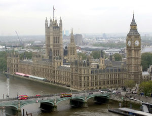 The Palace of Westminster's two most famous towers are the Victoria Tower (left) and the Clock Tower (with the clock faces).